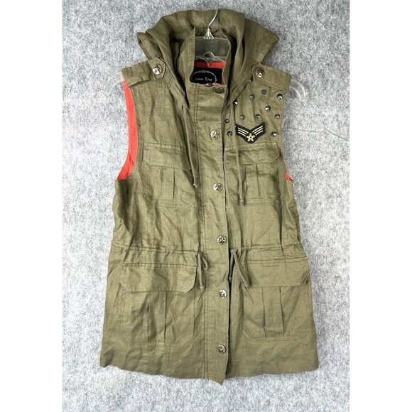 LOVE TREE Olive Green Linen Sleeveless Cinched Waist Military Hooded Vest Sz M - Picture 1 of 9